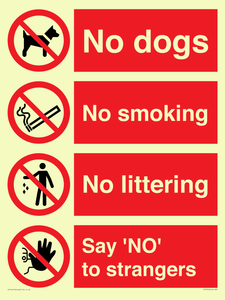 Playground Sign - No dogs, No smoking, No littering, Say 'NO' to strangers